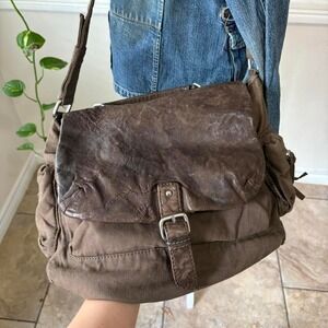 GAP Chocolate Brown Cotton/Goats Leather Messenger Bag Large Shoulder Purse
